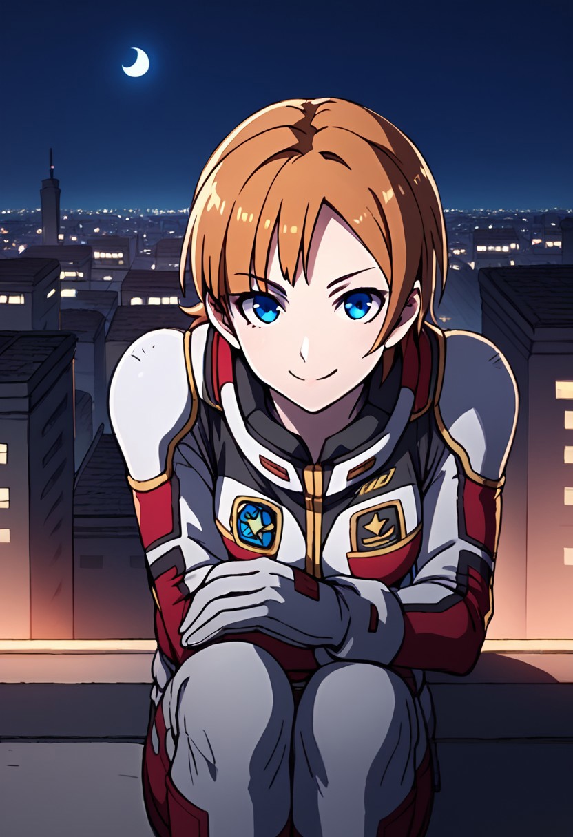 score_9, score_8_up, score_7_up,city view, 1 female,night view, moonlight,somers, female, brown hair, blue eyes, hair with band,open-collor pilotsuit,gloves,sitting,smile