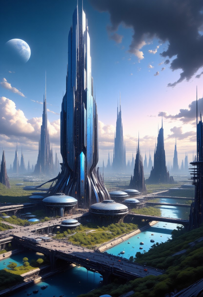 painting, mad-cybrpnkimprss, A futuristic cityscape at dusk. The central focus is an immense, towering skyscraper with a sleek, reflective surface that reflects the soft, ambient light of the setting sun. The building's design is futuristic, with a tapering top and a complex, organic base that seems to blend seamlessly with the landscape. In the foreground, a serene river runs through a valley lined with lush, green trees. Bridges and elevated walkways connect the base of the skyscraper to the surrounding buildings. The buildings in the foreground are more modest in size, with a mix of glass and metallic facades, indicating modern architecture. In the background, the cityscape stretches into the distance, showcasing a variety of skyscrapers and high-rises, some of which are needle-like, indicating a focus on verticality and density. The sky is a gradient of deep blues and purples, with scattered, fluffy clouds casting shadows on the buildings below. The overall color palette is cool and serene, with the soft lighting enhancing the futuristic, utopian atmosphere of the scene. big white moon in the background