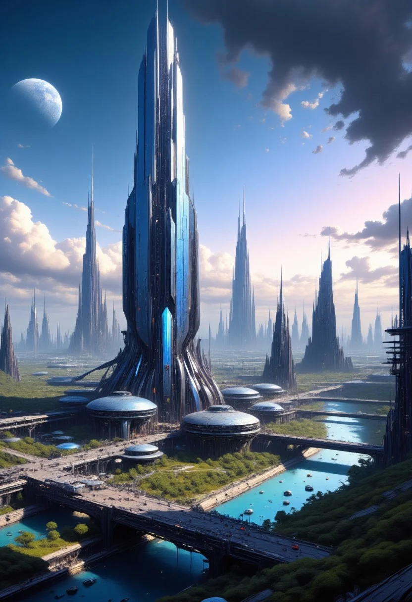 painting, mad-cybrpnkimprss, A futuristic cityscape at dusk. The central focus is an immense, towering skyscraper with a sleek, reflective surface that reflects the soft, ambient light of the setting sun. The building's design is futuristic, with a tapering top and a complex, organic base that seems to blend seamlessly with the landscape. In the foreground, a serene river runs through a valley lined with lush, green trees. Bridges and elevated walkways connect the base of the skyscraper to the surrounding buildings. The buildings in the foreground are more modest in size, with a mix of glass and metallic facades, indicating modern architecture. In the background, the cityscape stretches into the distance, showcasing a variety of skyscrapers and high-rises, some of which are needle-like, indicating a focus on verticality and density. The sky is a gradient of deep blues and purples, with scattered, fluffy clouds casting shadows on the buildings below. The overall color palette is cool and serene, with the soft lighting enhancing the futuristic, utopian atmosphere of the scene. big white moon in the background