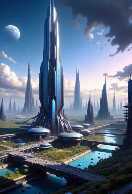 painting, mad-cybrpnkimprss, A futuristic cityscape at dusk. The central focus is an immense, towering skyscraper with a sleek, reflective surface that reflects the soft, ambient light of the setting sun. The building's design is futuristic, with a tapering top and a complex, organic base that seems to blend seamlessly with the landscape. In the foreground, a serene river runs through a valley lined with lush, green trees. Bridges and elevated walkways connect the base of the skyscraper to the surrounding buildings. The buildings in the foreground are more modest in size, with a mix of glass and metallic facades, indicating modern architecture. In the background, the cityscape stretches into the distance, showcasing a variety of skyscrapers and high-rises, some of which are needle-like, indicating a focus on verticality and density. The sky is a gradient of deep blues and purples, with scattered, fluffy clouds casting shadows on the buildings below. The overall color palette is cool and serene, with the soft lighting enhancing the futuristic, utopian atmosphere of the scene. big white moon in the background