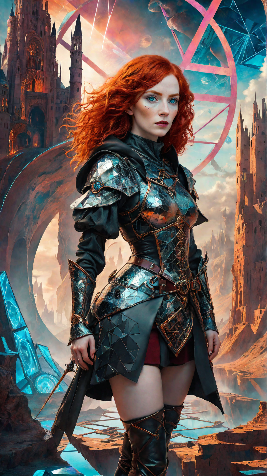 4n1v3rs3, looking at viewer, 
A confident red-haired female adventurer in medieval attire standing against a backdrop of a futuristic, geometric, neon-lit landscape, surrealism style, dreamlike atmosphere, vibrant colors, imaginative elements, unusual shapes, artistic textures, Salvador Dali inspired, fantastical, detailed and intricate, creative and unique