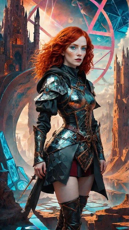 4n1v3rs3, looking at viewer,
A confident red-haired female adventurer in medieval attire standing against a backdrop of a futuristic, geometric, neon-lit landscape, surrealism style, dreamlike atmosphere, vibrant colors, imaginative elements, unusual shapes, artistic textures, Salvador Dali inspired, fantastical, detailed and intricate, creative and unique