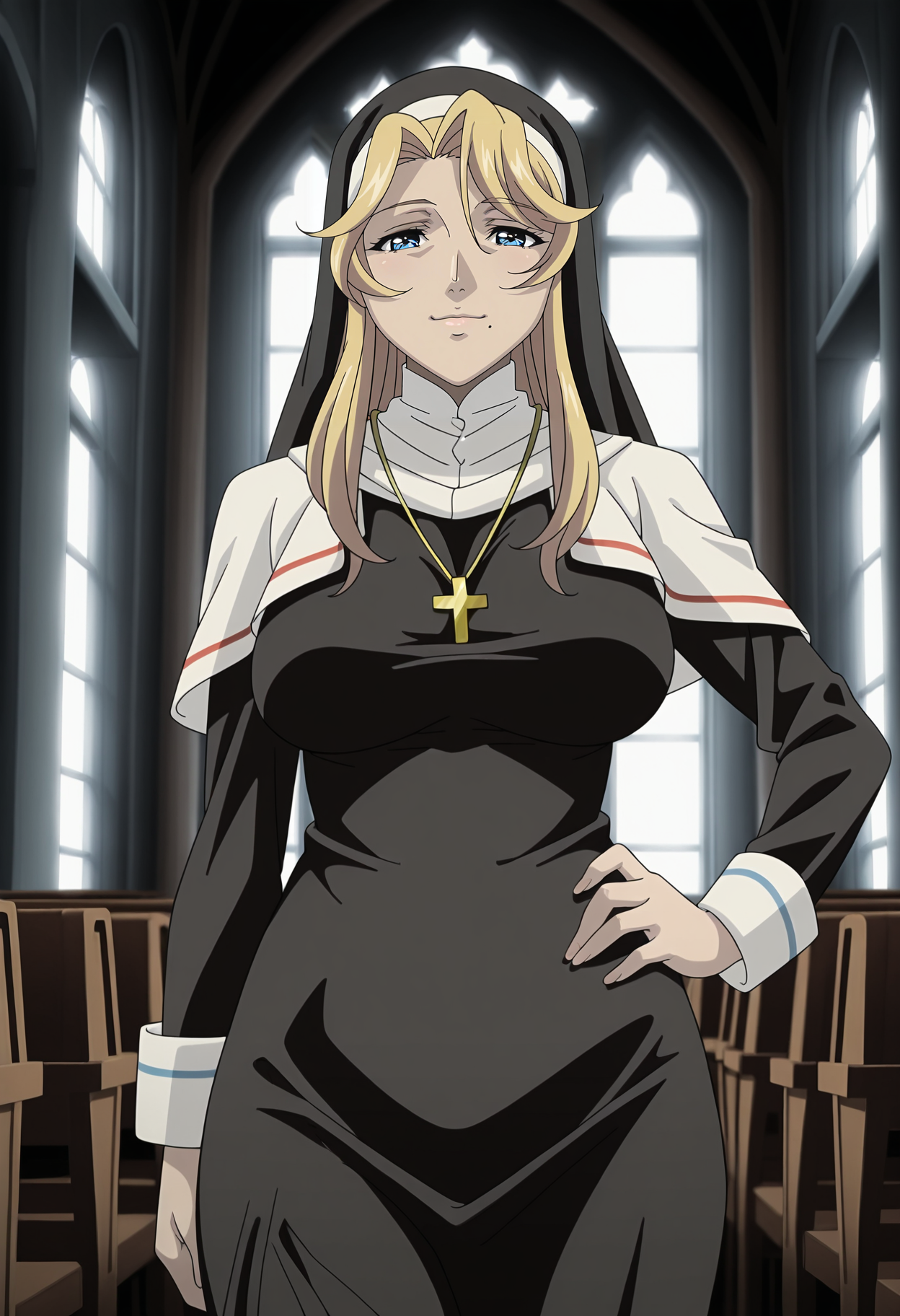 1girl,solo,mm,mature female,blonde hair,long hair,blue eyes,mole under mouth,large breasts,anime coloring,
nun,habit, cowboy shot, hand on own hip, looking at viewer, smile,indoors,church, 
,masterpiece,best quality,amazing quality,<lora:Dark_Chapel_ix:0.8>