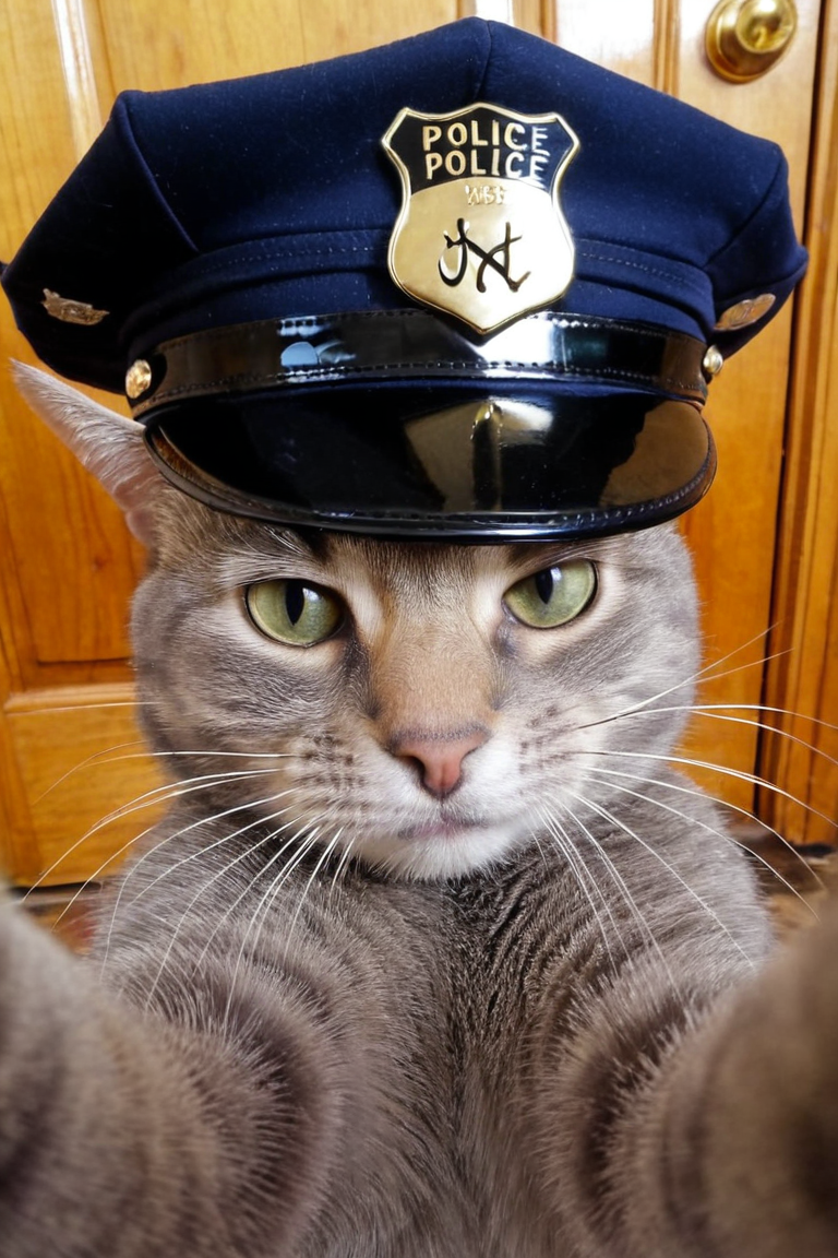 cat makes selfie, looks in camera,solo, police hat
