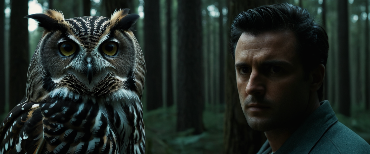 cinematic film still of  <lora:Split Diopter style:1>
Split image focus of a closeup of a large owl staring at camera next to a man standing in the background in the dark woods,Split Diopter style,short hair,black hair,animal,realistic,dark,nearsighted,farsighted,split,split focus,focus,sharp focus,deep focus,Split focus,split screen , artistic, Kodak, dramatic light, dramatic shadow light, contrast, saturated color, cinematic, filmic, motion picture, realistic, realism, perfection, perfect, deep focus, clean image, wide screen, detailed image, cinematic, deep space composition, shallow depth of field, vignette, highly detailed, high budget, bokeh, cinemascope, moody, epic, gorgeous, film grain, grainy