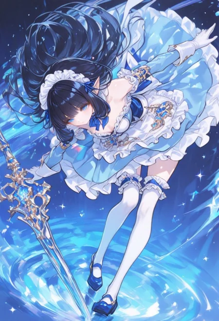 best quality, masterpiece, anime, vivid colors,
KRMirianne, pointy ears, blue eyes, black hair, gloves, long hair, maid headdress, cleavage, white gloves, blue footwear, dress, white thighhighs, apron, frills, shoes, detached sleeves,
4ur4_illu, shiny, ma1ma1helmes_b_illu, sketch