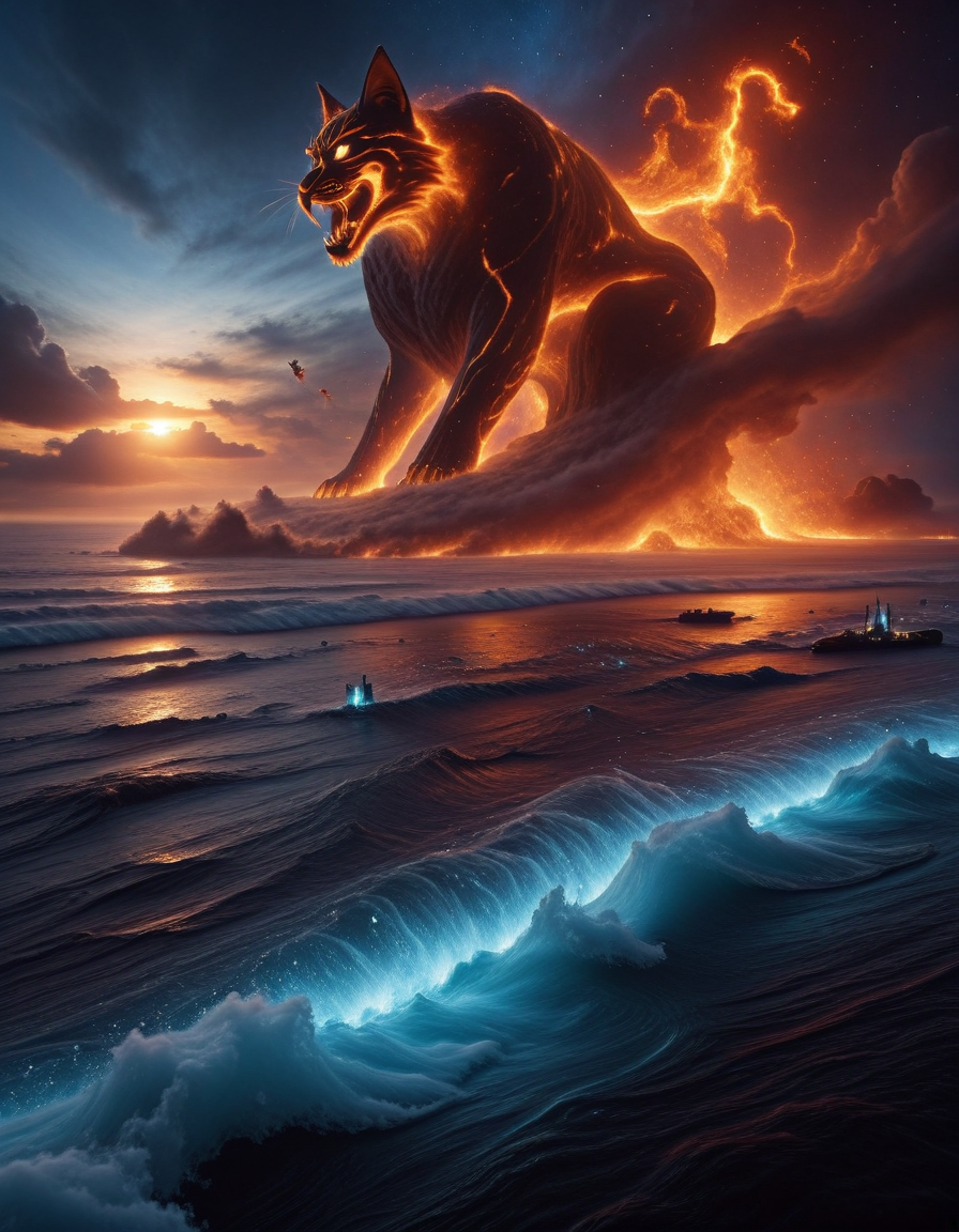 <lora:Space_Worlds_Minis_4:1.0> swminis4all, swminis4, n1, n3, n0, beautiful giant waves, lots of wind, fire storm, fire giant freaky cat,