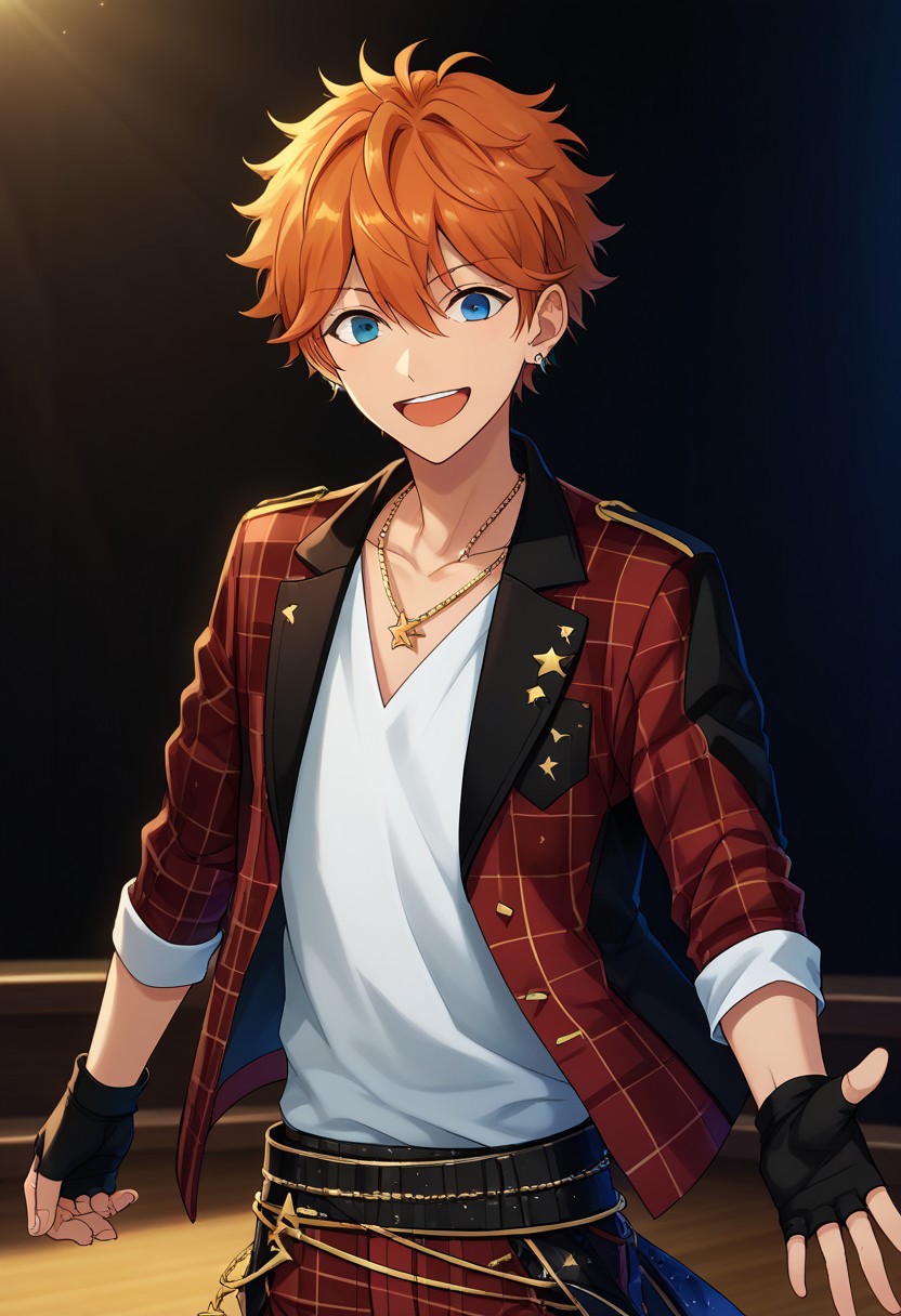 score_9, score_8_up, score_7_up, source_anime, highly detailed, 
subaruake, 1boy, male focus, gloves, orange hair, fingerless gloves blue eyes, solo, jewelry, 
upper body, smile, necklace, open mouth, pants, plaid, black gloves, looking at viewer,
plaid pants, earrings, jacket, plaid jacket, trickstar uniform,
indoor, stage,