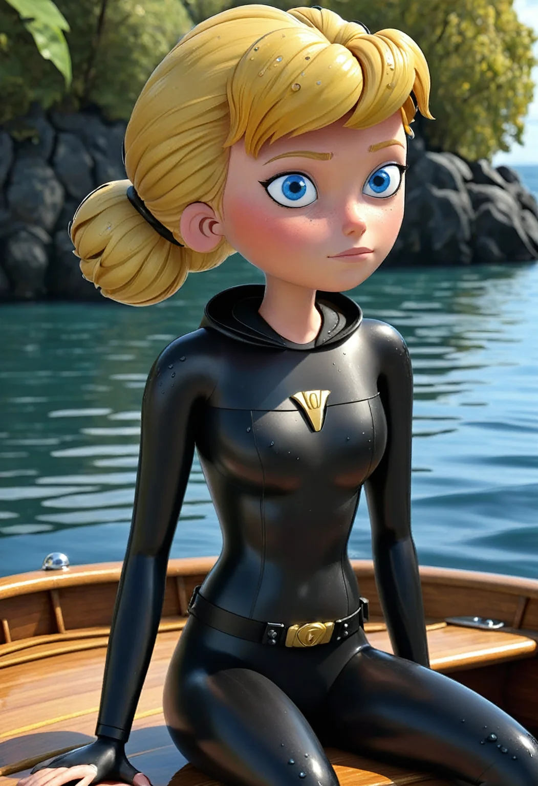 masterpiece, best quality, ultra_detailed, highres, absurdres, 1girl, <lora:penny_gadget_2015_xl_v2-000001:1> pennyg2015, black wetsuit, blue eyes, blonde hair, double bun, black diving belt, sit on a boat, (water drops:1.4), wet, (light smile:0.35), by sea, solo, alone, toon \(style\), ultrahigh resolution textures