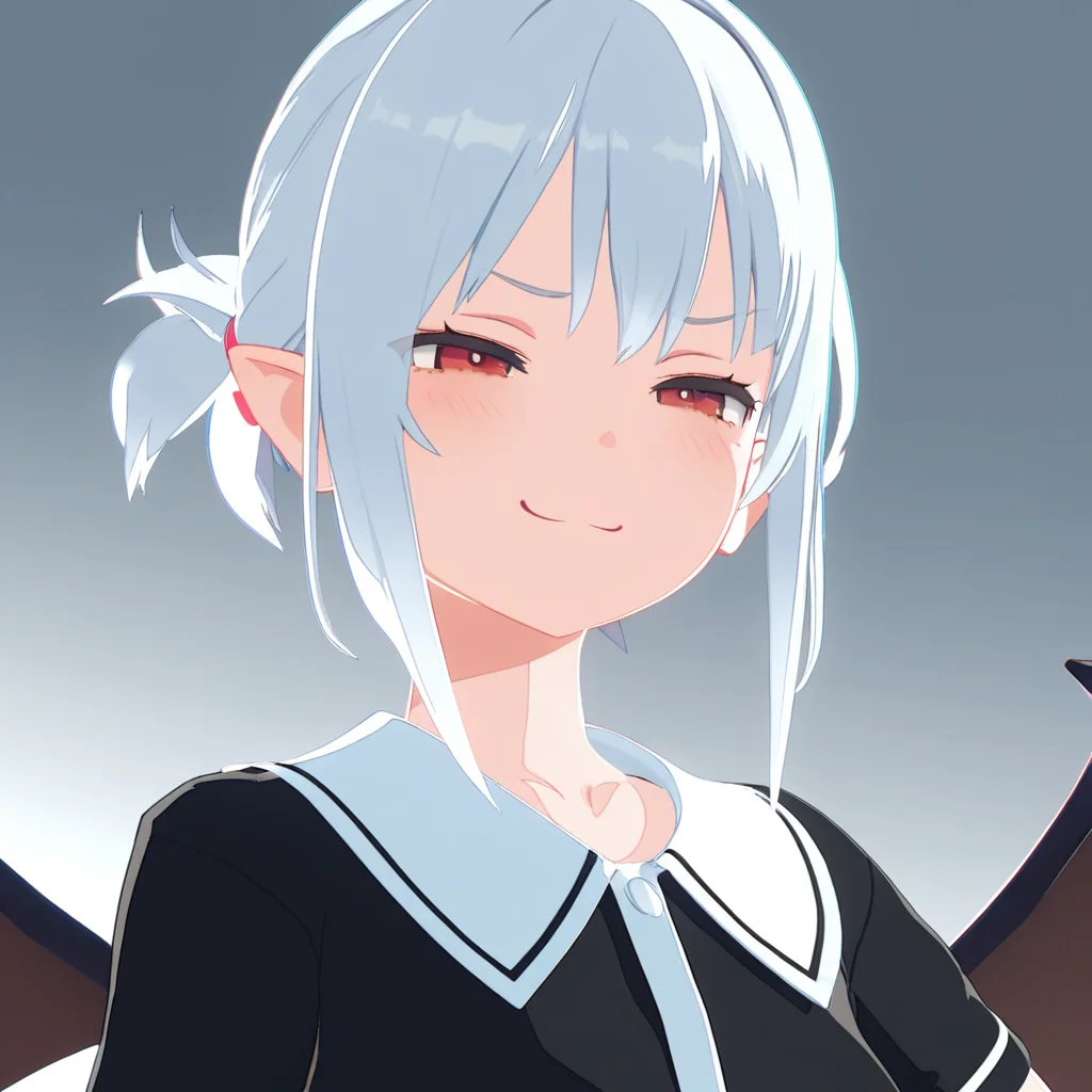 masterpiece, extremely detailed, high resolution, high-definition, 8k, 3d, red eyes, white hair, smug, smile, black dress, bat wings, <lora:3dvector-artstyle-000030:0.6>