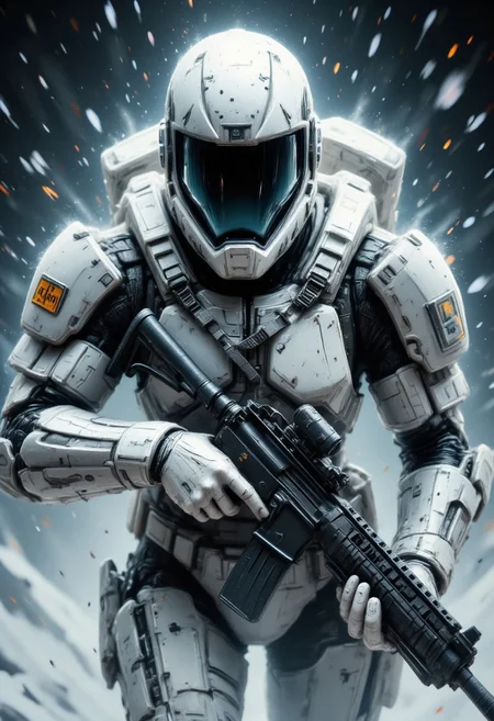 masterpiece, high-resolution photograph of a female space marine in white and grey camouflage armour, helmet with a clear visor reflecting light, hyperdetailed helmet, holding an assault rifle, abstract background suggesting a blizzard, falling snow, in a dark night, dutch angle, dynamic, side view, aidmafluxpro1.1