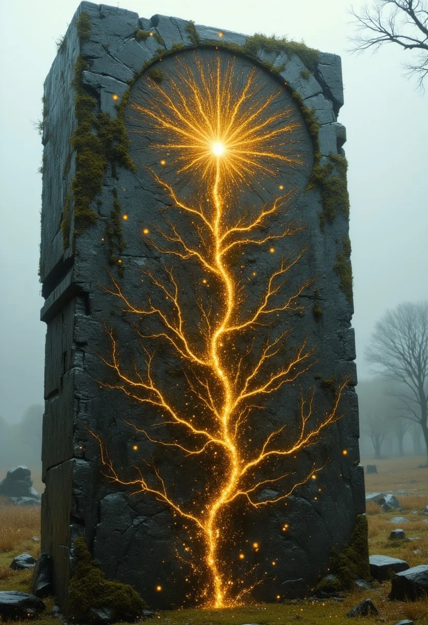 close shot low angle view, amazing perspective, mossy celtic stone lost in the fog of the ireland moor a huge massive granit megalith, carved ancient bioluminescent celtic runes, oepening and whithe energy golden enrgy sparks flow, moors, scotlland moor, mist morning lightt, intricated with interwined gold thin roots and embeded with pearls and amethystes , catching the sunset rays, an ancient carved ancient megalith, celtic runes, moors, scotlland moor, mist morning light, 8k photrealistic, movie still picture, hkmagic