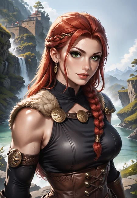 safe_pos, score_9, score_8_up, score_7_up, 1girl, solo, 
beauty Viking warrior, intricate chainmail armor with leather accents and Norse runes, ancient battle axe with a polished wooden handle and a gleaming steel blade, long braided red hair adorned with bronze beads, realistic, cinematic angle, cinematic lighting, muscular body, fierce face, piercing green eyes, battle-ready pose 
standing on a rugged coastal cliff 
source_Viking_art, rating_explicit, expressive, dynamic pose 
detailed beautiful background, dramatic coastal landscape with towering cliffs and crashing waves, ancient Viking longships on the horizon, rugged terrain with rocky outcrops and wild grasses, distant mountains with snow-capped peaks, epic atmosphere with a sense of adventure and danger <lora:Expressive_H:0.6> Expressiveh, (SimplepositiveXLv1:1.3), 
(((upper body, full clothed:1.85))) ((masterpiece)) (ultra realistic, 32k, masterpiece:1.2), (high detailed skin:1.1), (high quality:1.1) (((full clothed))), (8k uhd:1,4) <lora:DandonFuga_Style_v.2_-_Pony:0.8> 
<lora:add-detail-xl:1> 
<lora:Dynamic Poses:1>