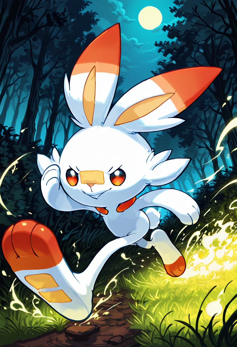 masterpiece, best quality, no humans,   zzScorbunny, white fur, orange ears, red eyes, running, glowing grass, nighttime, moonlight, speed lines, magical glow, bioluminescent forest â Under a moonlit sky, Scorbunny darts through a bioluminescent forest, each footstep triggering pulses of blue and green light across the glowing grass. His sleek form blurs into motion, eyes locked ahead as if chasing a dream. The night bends around his speed, moonlight cascading off his white fur as streaks of color paint the darkness.    ,<lora:ScorbunnyPokedex_IXL:1.0>,