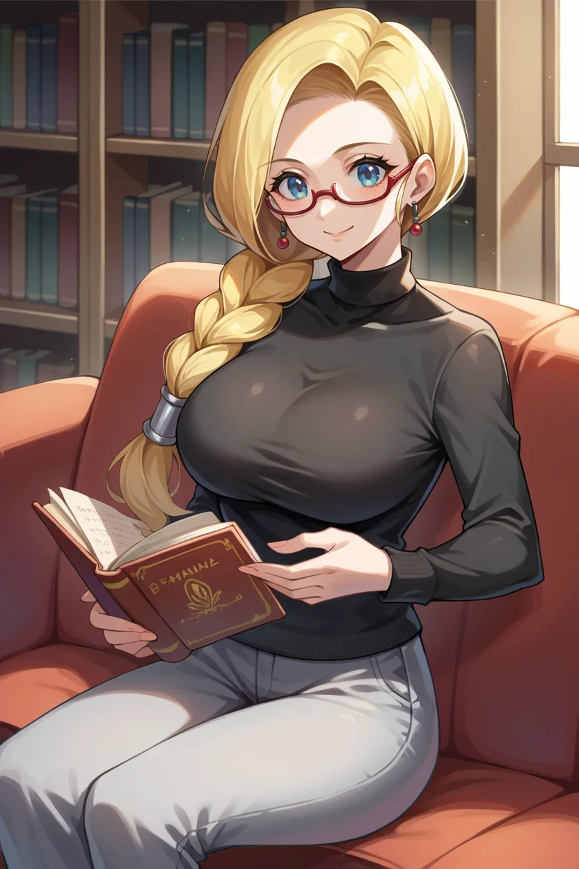 score_9, score_8_up, score_7_up, source_anime BREAK 1girl, solo, <lora:dqbianca-pdxl-nvwls-v1:1> dqBianca, single braid, hair over shoulder, earrings, choker, (large breasts:0.8), black sweater, turtleneck, grey pants, library, sitting, couch, reading a book, glasses, smile