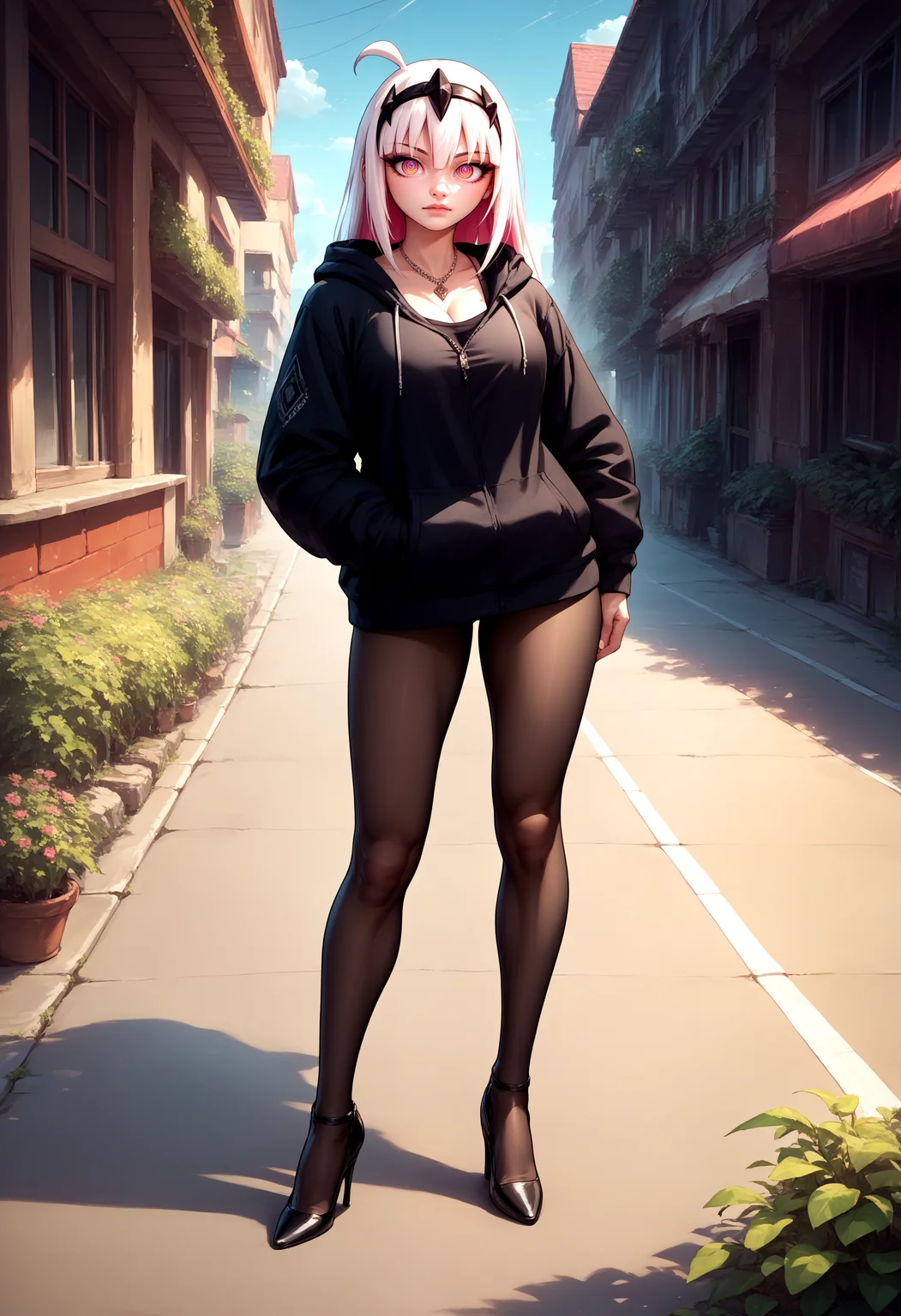 score_9, score_8_up, score_7_up, source_anime, 1girl, Nikusa, ringed eyes, black hairband, necklace, <lora:Nikusa_XLPD_CAME:1>, black hoodie, outdoors, black pantyhose, looking at viewer, high heels,
