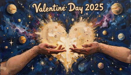positiv Clip L: aidmatextimprover, sketch painting,    Above both, the text shines from the stars in a heart: "Valentine's Day 2025", Two celestial beings, one (female:0.3) made of glowing stardust, the male one formed from nebulae in space, reach out their hands in an infinite cosmic embrace. Planets and galaxies swirl around them in a mesmerizing dance of eternal love. positiv Clip G: aidmatextimprover, sketch painting,    Above both, the text shines from the stars in a heart: "Valentine's Day 2025", Two celestial beings, one (female:0.3) made of glowing stardust, the male one formed from nebulae in space, reach out their hands in an infinite cosmic embrace. Planets and galaxies swirl around them in a mesmerizing dance of eternal love.