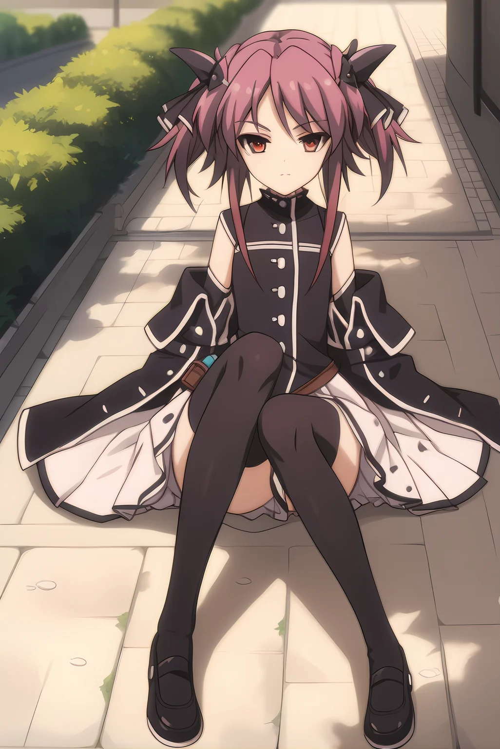 (black dress black sleeves white skirt black thighhighs white shoes), mt-pest, purple hair, twintails, hair ribbon, 1girl, solo, skinny, feet, score_9, score_8_up, score_8, score_7_up, score_7, source_anime, horny, outdoors, (full body|wide shot|sitting|standing|lying|close-up| :1.20) <lora:mt-pest-V01-000004:1.00>