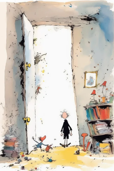 <lora:Quentin Blake Style:1>Quentin Blake Style - Quentin Blake illustration style, zoom in to a corner of floor and wall in a house, clear the ground in the right side of the illustration, Quentin Blake illustration, Quentin Blake llustration style