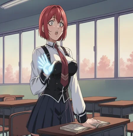 score_9, score_8_up, pretty girl . source_anime <lora:3ible_3lack:0.9> Bibl3 . in classroom . wearing school uniform , skirt good eyes. detailed . . large breast . . magic circle . female shocked . glowing hands