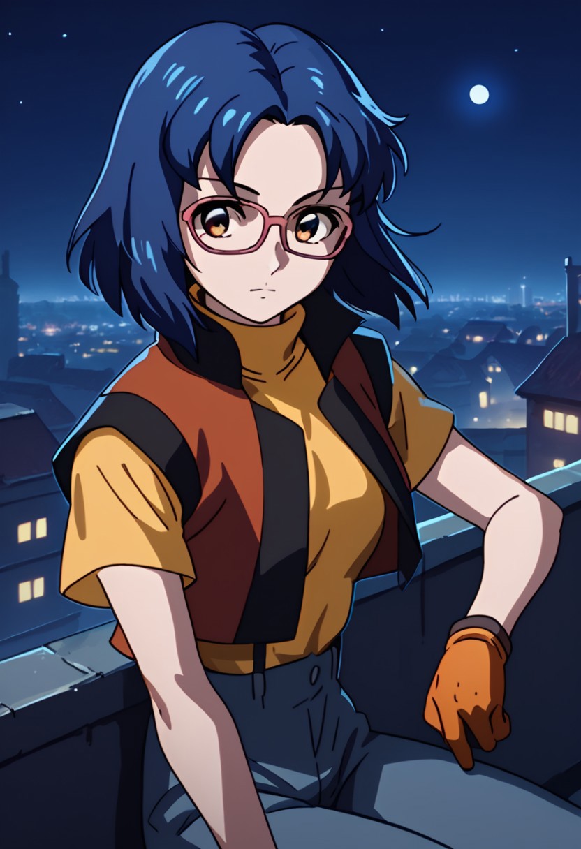 score_9, score_8_up, score_7_up,city view, 1 female,night view, moonlight,juriwunien, brown eyes, blue hair, short hair, glasses, suspender vest, turtleneck t-shirt,gloves,sitting