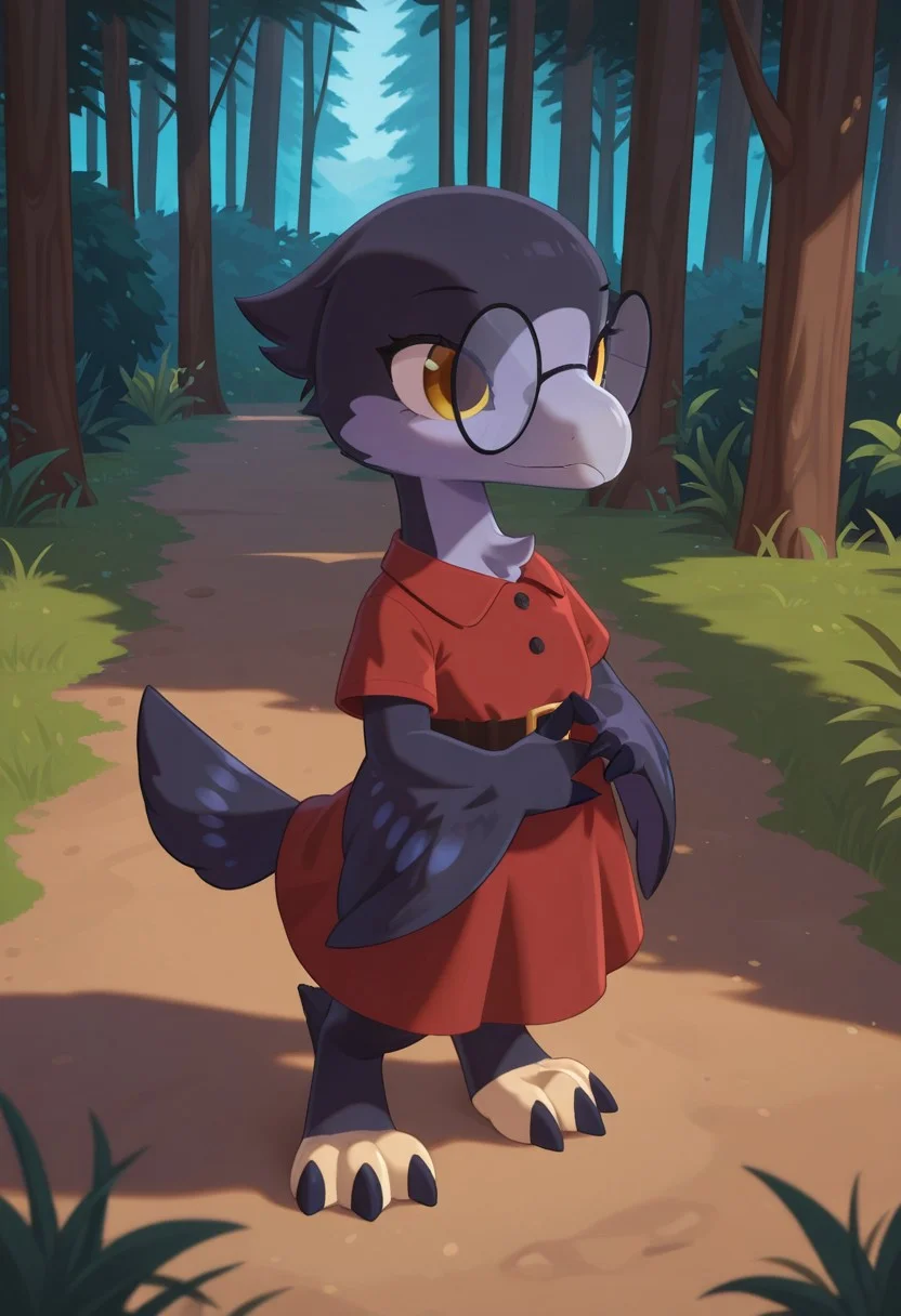 1girl, highres, absurdres, newest, masterpiece, best quality, furry, small tail, claws,
reven, female, Microraptor, small dinosaur, dark blue feathered, yellow eyes, 3 fingers, 3 toes, red dress, glasses, detailed eyes, professional lighting, solo, masterpiece, forest, alcove