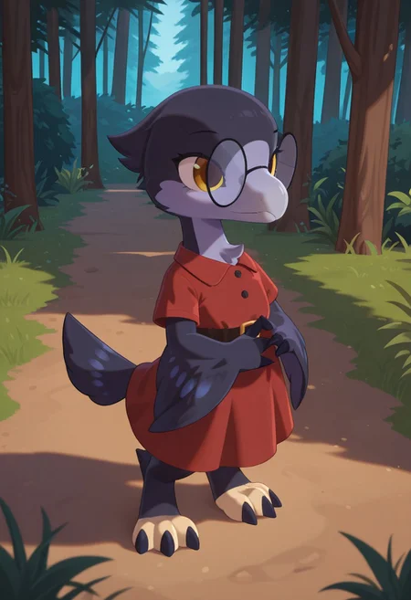 1girl, highres, absurdres, newest, masterpiece, best quality, furry, small tail, claws,
reven, female, Microraptor, small dinosaur, dark blue feathered, yellow eyes, 3 fingers, 3 toes, red dress, glasses, detailed eyes, professional lighting, solo, masterpiece, forest, alcove