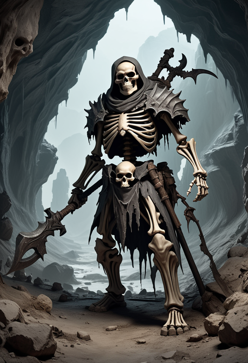 (medium full shot) of (menacing skeleton)  warlord, wearing Moldy armor, skull helmet, skeletal bracers, weathered greaves, ragged boots, holding wielding war scythe, set in the cursed lands, in  a skeletal cave, with jagged rock formations and dark, winding tunnels, where the air is damp and cold  , ,Masterpiece,best quality, raw photo, realistic, very aesthetic