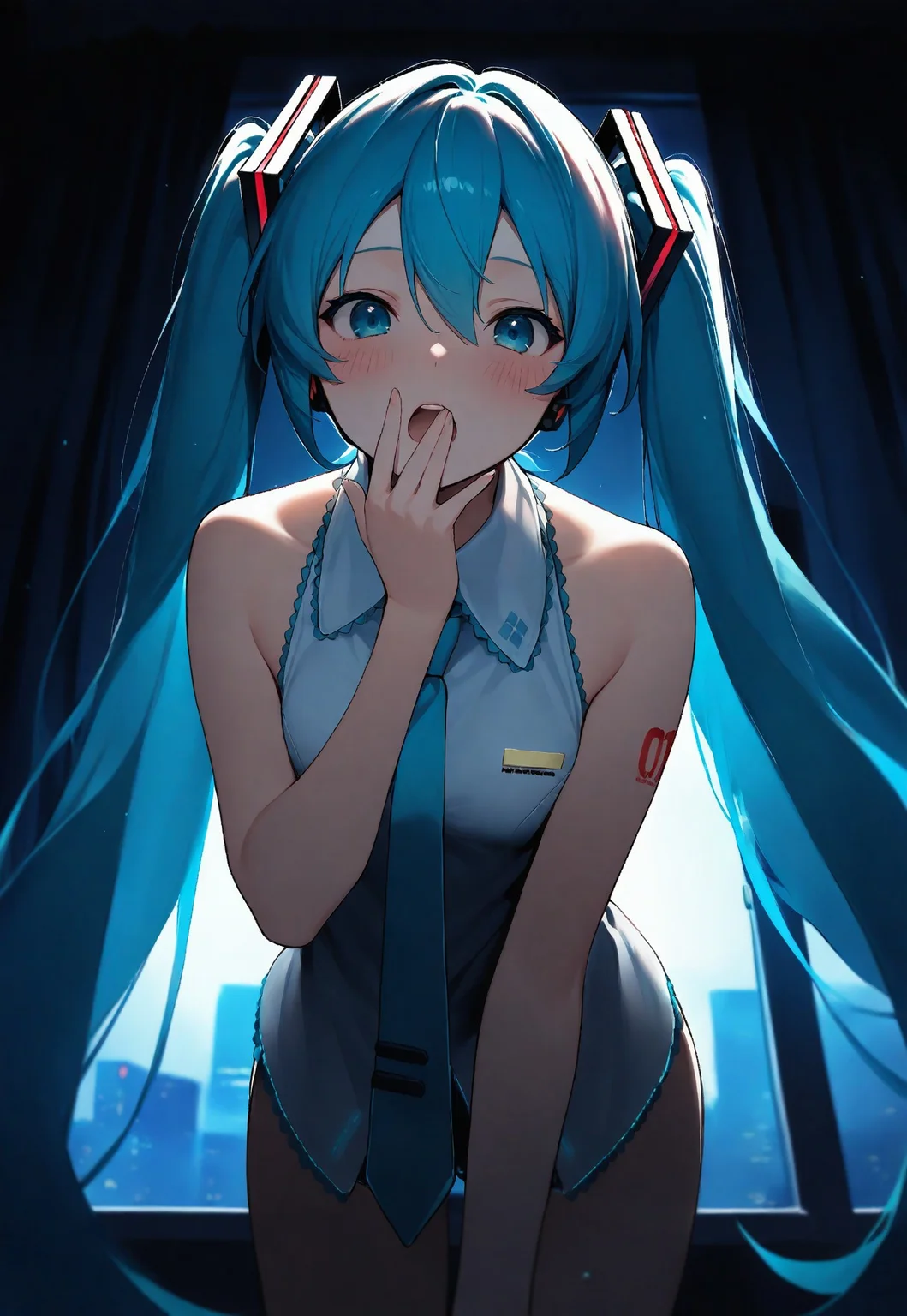 masterpiece, best quality, very aesthetic, 1girl, solo, hatsune miku, bare shoulders, number tattoo, upper teeth, lips, looking at viewer, blush, open mouth, covering own mouth, hand over own mouth, leaning forward, cowboy shot, from below, three quarter view, dutch angle, backlighting, (dark), night, moonlight, indoors, curtains, window, city,