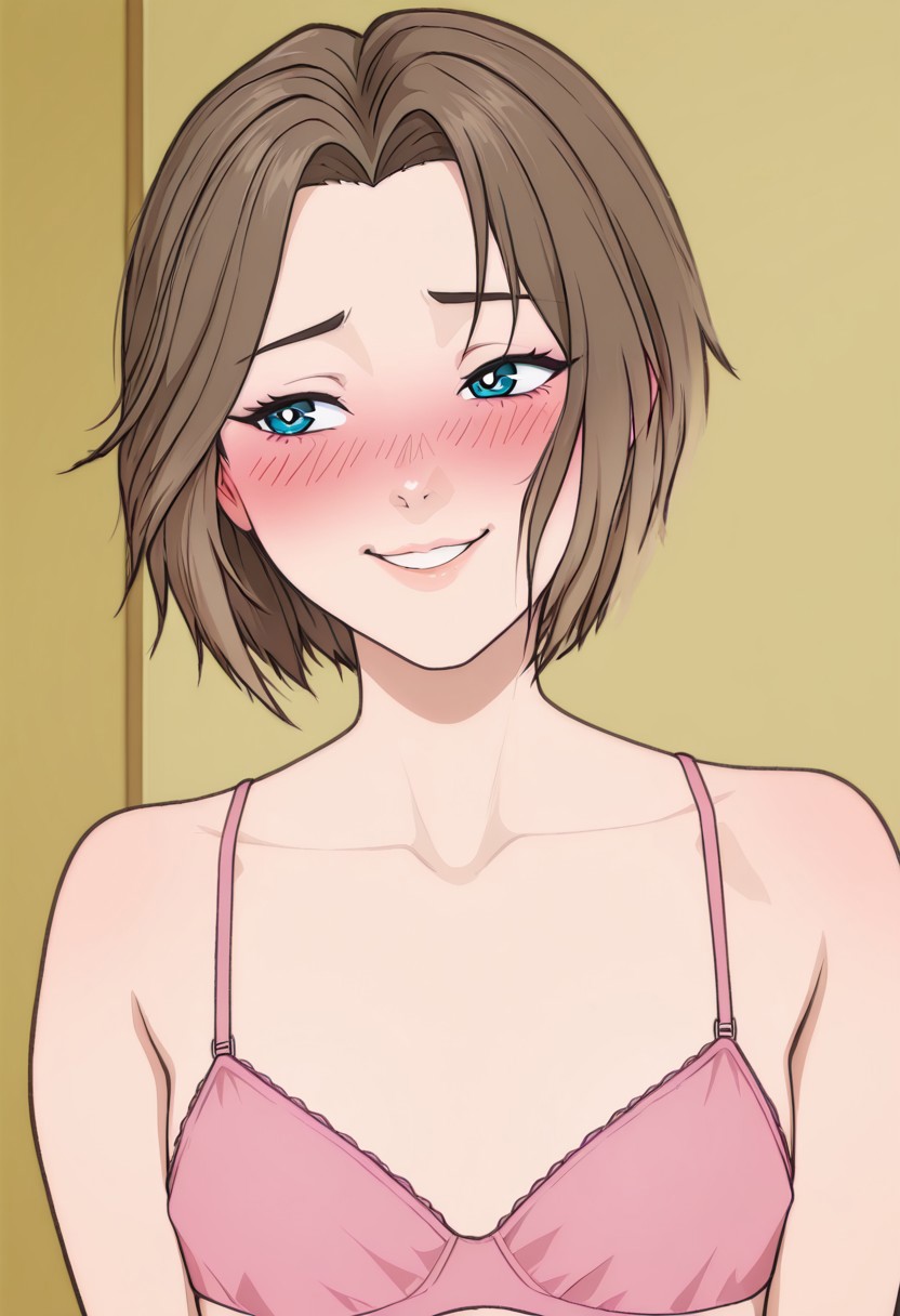 masterpiece, best quality, newest, absurdres, highres, detailed eyes, beautiful, detailed background, perfect eyes,
anime coloring, anime screencap,pamistyle,
1girl,RobynSpade,short hair,brown hair,blue eyes,black pupils,blush,
underwears, smile, rolleyes,
teasing,seducting,