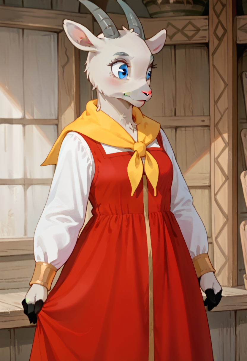 score_9, score_8_up, score_7_up, g04t, 1girl, solo, furry, goat, blue eyes, grey fur, horns, red dress, long sleeves, yellow neckerchief, cowboy shot,