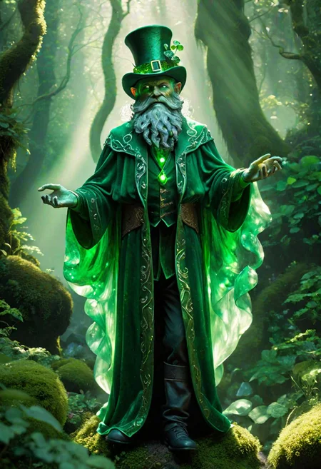 hyperrealistic, leprechaun, full body, emerald, jade, peridot, malachite, quartz, glowing eyes, flowing emerald robes, mystical forest, swirling mist, dappled sunlight