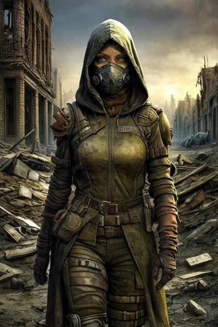 (masterpiece:1.2), (best quality,:1.2), 8k, HDR, ultra detailed, ((photorealistic)), professional light, cinematic lighting, fashion photography, ambient lighting, atmospheric effects, <lora:detail_slider_v4:3>, a beautiful woman, wild red hair, dark makeup,  as a female Wasteland survivor, mask, hood, long leather coat, boots, leather pants, belt, exploring the ruins of a destroyed city, <lora:Wasteland:0.66>,  WasteAr, <lora:WastelandArmor:0.7>, style of Mad Max, style of Fallout, <lora:zoom_slider_v1:3>, epiCPhoto