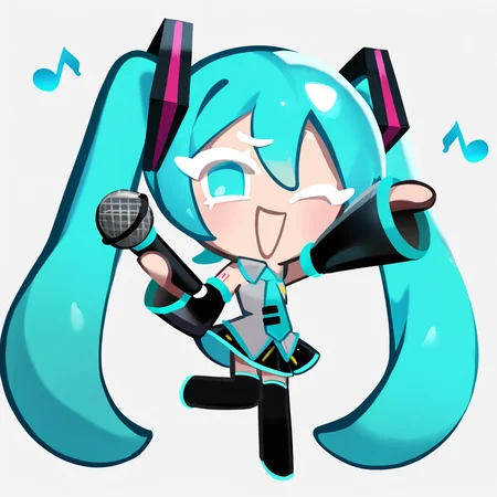 crk1styl111, year 2024, masterpiece, best quality, newest, absurdres, highres, 1girl, hatsune miku, microphone, necktie, detached sleeves, white background, musical note, holding microphone, white eyelashes, looking at viewer, one eye closed, :d, full body,