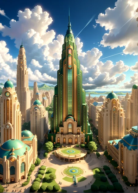 score_9, score_8_up, score_7_up,
<lora:Art_Deco_(Architecture)_(SDXL)_(AD):1> Art Deco, scenery, architecture, monumental architecture, building, city, cityscape,
8K, In'ei, chiaroscuro, rim lighting, perfect depth of field shot, ray tracing, beautiful, subsurface scattering, idealized city, wide beautiful boulevards, busy city center, parks and manicured lawn areas, large parks, plazas, detailed fluffy anime clouds, skyscrapers, made out of limestone, art deco windows, photographic realism, art by Thomas Kinkade, soft lighting, soft shading,
BREAK zPDXL, zPDXLxxx, <lora:wowifierXL:0.2> art by mooncryptowow <lora:sdxl_lightning_8step_lora:0.4> <lora:detailed_notrigger:0.5>