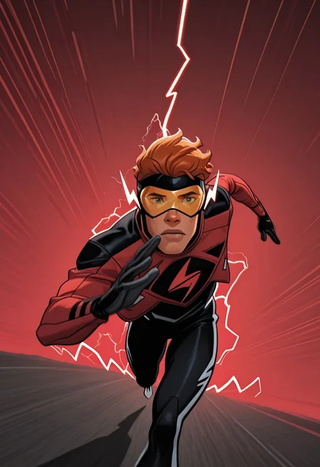 masterpiece, absurdres, high quality, perfect anatomy, 1boy, solo, cute boy, male focus, Mask, Visor, Red Jacket, Chest Symbol, Black Gloves, Black Bodysuit, Ginger Hair, Freckles, cinematic, intricately detailed illustration, depth of field, masterpiece, best quality, amazing quality, very aesthetic, absurdres, newest, very awa, shadow, dynamic angle, casual cosplay, dynamic pose, simple background, running pose, superspeed, running, red electricity, motion blur, light trail, red lightning, YJ-Styl3