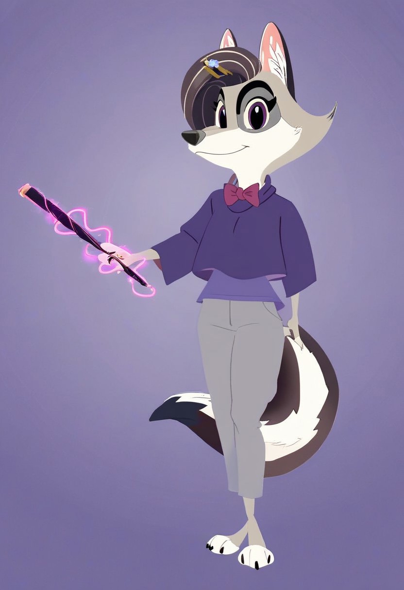 score_9,score_8,score_7,source_furry,
v10l3tw0lf,
furry female, violet_wolf, violet_wolf_great_wolf_lodge, wolf girl, female, 1girl, solo, tail, animal ears, furry, claws, hair ornament, looking at viewer, purple eyes, simple background, multicolored hair, hairclip, body fur, artist name, barefoot, purple shirt, safe, magician, holding a wand, holding a magic wand, wand, hat, magic, magic show, grey pants, purple shirt, red bowtie, official art, official style, Stable_Yogis_PDXL_Positives,