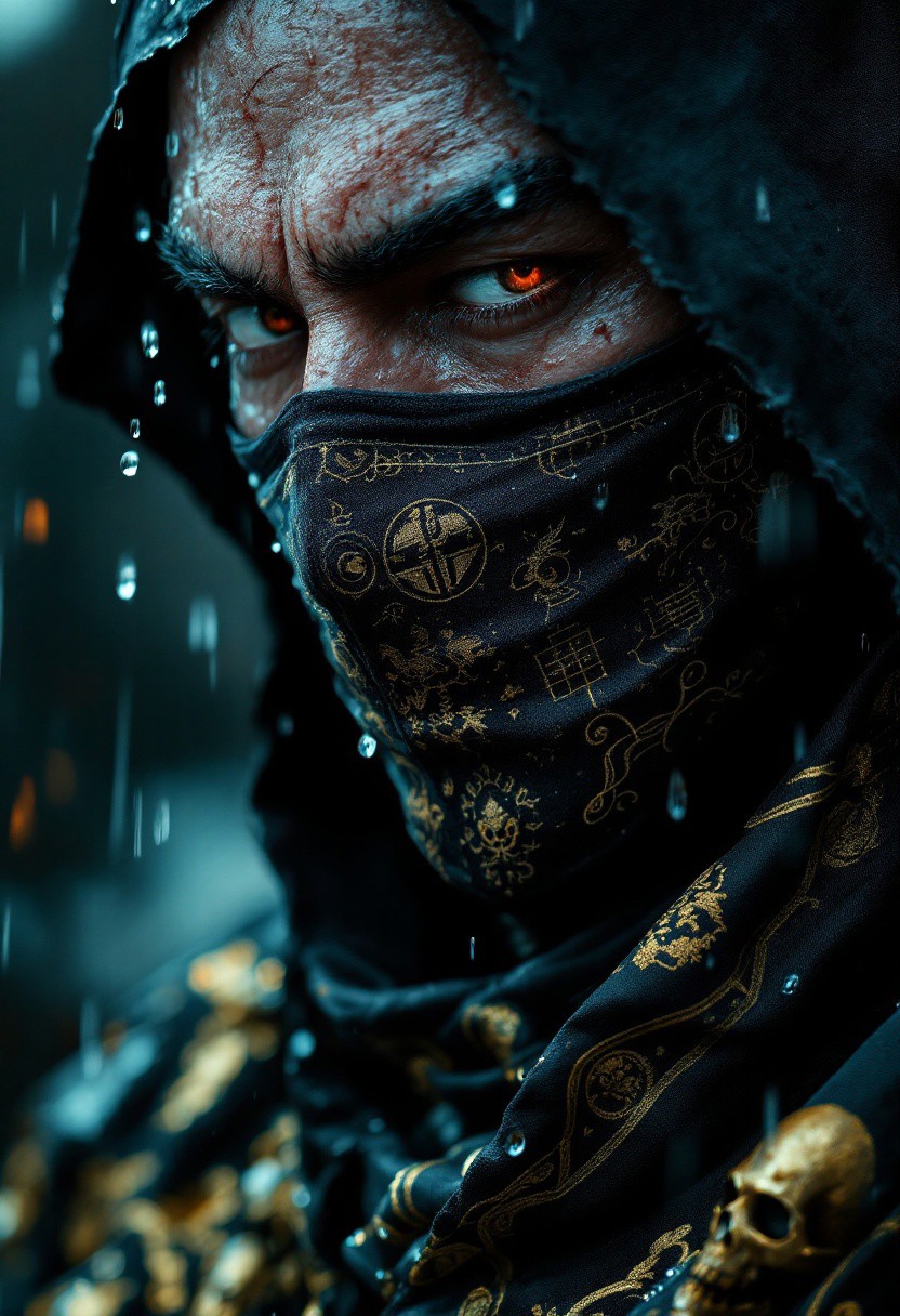 Extreme close-up of a blindfolded ninja lord, his face half-shrouded by an intricately tied black silk blindfold embroidered with golden clan sigils. His high-collared armor, rigid as tempered steel and engraved with dragon motifs, rises majestically behind his head. Every scar on his battle-worn skin exudes lethal calm. His lips are a thin, blood-red slash—like a daimyō’s lacquered defiance—while a single raindrop freezes at his chin, not from cold, but from sheer combat tension.
The camera captures him mid-motion: His katana, a black claw of tamahagane steel, carves a perfect, blood-moon arc through the air. The blade doesn’t reflect light—it devours it. Behind him, in slow motion, a lantern shatters into a thousand fragments, its flickering orange bleeding into the deep blue of night. His cloak, heavy with rain and gilded skull embroidery, swirls like a demonic aura around him.
The ground beneath him? A carpet of his enemies’ shattered masks. The atmosphere? Two colors: The extinguished black of a funeral and the smoldering orange of a burning palace. He does not breathe. He waits. The next cut won’t be a fight—it will be an execution. Samurai chiaroscuro (Kurosawa meets Zack Snyder:1.3), Blood splatters as calligraphic strokes (ink-delay effect:1.4)