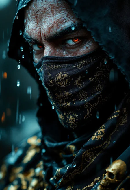 Extreme close-up of a blindfolded ninja lord, his face half-shrouded by an intricately tied black silk blindfold embroidered with golden clan sigils. His high-collared armor, rigid as tempered steel and engraved with dragon motifs, rises majestically behind his head. Every scar on his battle-worn skin exudes lethal calm. His lips are a thin, blood-red slash—like a daimyō’s lacquered defiance—while a single raindrop freezes at his chin, not from cold, but from sheer combat tension.
The camera captures him mid-motion: His katana, a black claw of tamahagane steel, carves a perfect, blood-moon arc through the air. The blade doesn’t reflect light—it devours it. Behind him, in slow motion, a lantern shatters into a thousand fragments, its flickering orange bleeding into the deep blue of night. His cloak, heavy with rain and gilded skull embroidery, swirls like a demonic aura around him.
The ground beneath him? A carpet of his enemies’ shattered masks. The atmosphere? Two colors: The extinguished black of a funeral and the smoldering orange of a burning palace. He does not breathe. He waits. The next cut won’t be a fight—it will be an execution. Samurai chiaroscuro (Kurosawa meets Zack Snyder:1.3), Blood splatters as calligraphic strokes (ink-delay effect:1.4)