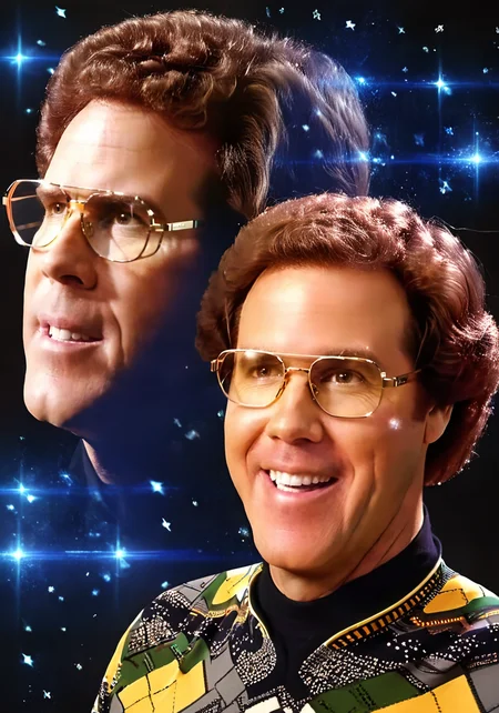 portrait of will Farrell with glasses, double exposure effect, a80psdxl, <lora:a80psdxl:1>, dark background