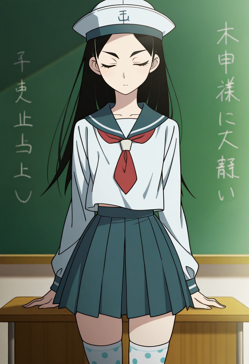 masterpiece, best quality, 32k, high resolution, absurdres, kitsu chiri, thighhighs, sailor collar, bow, polka dot, anime coloring, desk, chalkboard, cowboy shot, closed eyes, hat