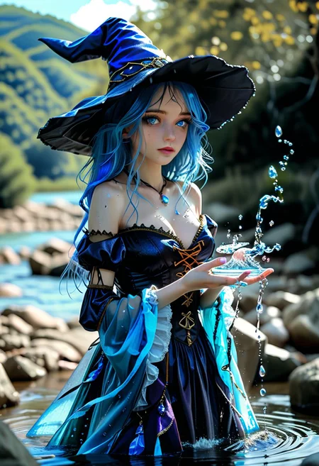 score_9, score_8_up, score_7_up, 1girl,beautiful , witch of water manipulating the water   ,dress ,blue eyes blue hair,outdoors ,hkmagic