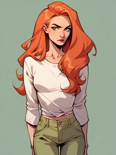 score_9, score_8_up, score_7_up, score_6_up, score_5_up, <lora:JeanGreyXLP:1> jean grey, 1girl, long hair, orange hair, green eyes, shirt, pants