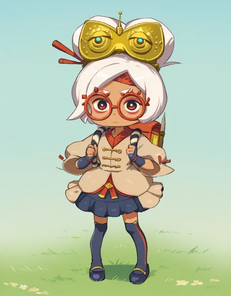 zPDXL, score_9, score_8_up, score_7_up, source_anime, 1girl, solo,
 <lora:LilPurah_v1.2:0.8> purah, sheikah, white hair, dark-skinned female, child, thick eyebrows, red eyes, red-framed eyewear, hair bun, goggles on head, beige jacket, blue skirt, frilled skirt, blue socks, kneehighs, blue footwear, mary janes, red headband, goggles on head, hair stick, hair beads, randoseru, red bag, bag straps, blue and white striped strap, fingerless gloves, blue gloves, petticoat,  <lora:Orenji_v2:0.8> orenji