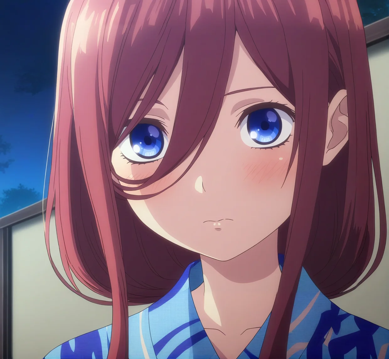 masterpiece, high quality, high res, absurd res, ultra high quality,
<lora:Miku_Nakano_Illustrious_v57:1>, M1kuNakan0_Illu, 1girl, solo, brown-red_hair, hair_over_eye, long_hair, bangs, dark-blue_eyes, light-blue_yukata, blushing, (anime_screencap:1.2), upper body, portrait, night, clean background