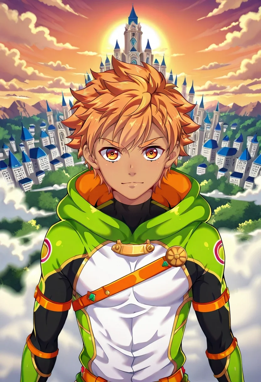 masterpiece, best quality, , (photorealistic:0.6), looking at viewer, depth of field, 1boy, solo, male focus, <lora:jirou_camp_buddy_ilxl:0.98>, jirou_camp_buddy, orange hair, orange eyes, , sky palace, cloud towers, wind halls, floating gardens, royal pose, majestic expression, sunset,