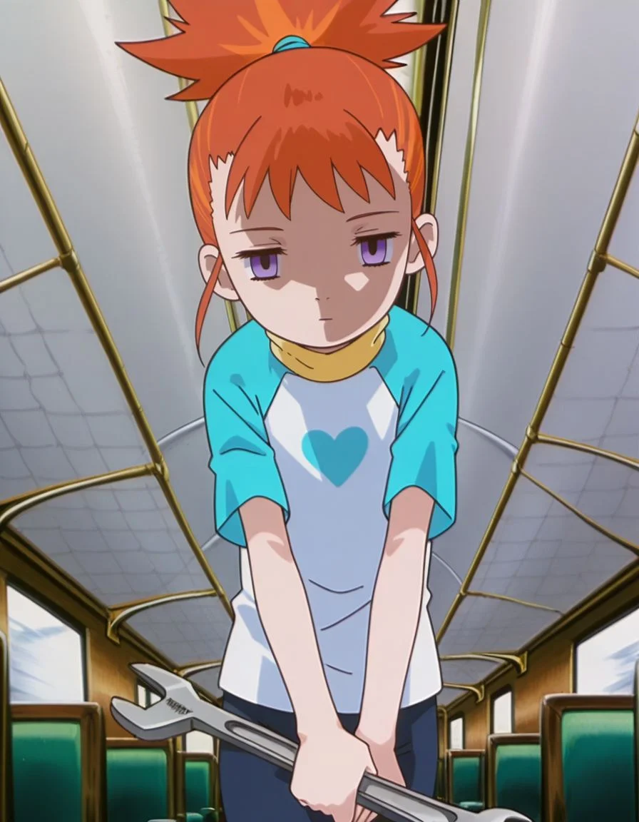 masterpiece, best quality, incoming attack, holding a single long wrench, solo, inside a train background,
, skinny, shaded face, empty eyes, expressionless,
<lora:Mind_Controlled_Rika:1>, rik0, 1girl, orange hair, high ponytail, female child, purple eyes, white heart t-shirt, blue t-shirt, yellow turtleneck,