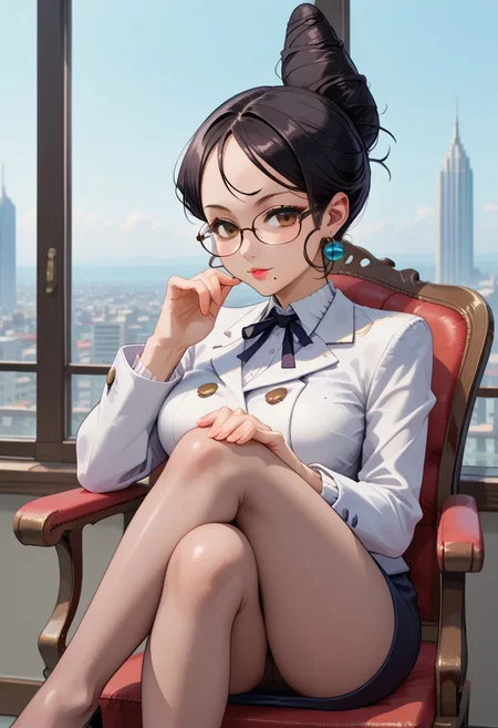 score_9, score_8_up, score_7_up, absurdres, anime screencap, anime_source, very aesthetic, illustration, perfect composition, eye catching, intricate details, vibrant colors, 1 girl, upper body, thick body,
msvictoria, brown eyes, glasses, ball earrings, large breasts, black hair, high bun hair, hair bun, mole under mouth, double breasted blazer, neck ribbon, pencil skirt, pantyhose, high heels, crossed legs, detailed hair, perfect skin, seductive, suggestive, sitting on a fancy chair, submissive,
BREAK
skindentation, indoor, city background, detailed, high quality, zPDXL3