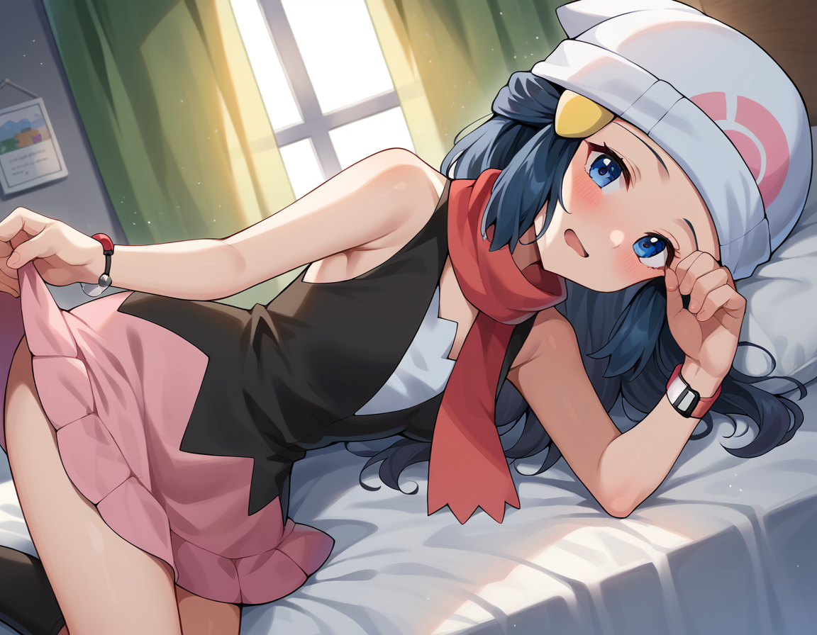 score_9, score_8_up, score_7_up, source_anime,
pokemondawn, <lora:pokemon-dawn-ponyxl-lora-nochekaiser:1>
pokemon dawn, black hair, blue eyes, sidelocks, long hair,
bare shoulders, beanie, black shirt, black socks, bracelet, hat, jewelry, kneehighs, miniskirt, pink skirt, red scarf, scarf, shirt, skirt, sleeveless, sleeveless shirt, white headwear,
indoors, bed, bed room, on side, blush, drunk,
looking at viewer, cowboy shot, dutch angle,