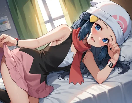 score_9, score_8_up, score_7_up, source_anime,
pokemondawn, <lora:pokemon-dawn-ponyxl-lora-nochekaiser:1>
pokemon dawn, black hair, blue eyes, sidelocks, long hair,
bare shoulders, beanie, black shirt, black socks, bracelet, hat, jewelry, kneehighs, miniskirt, pink skirt, red scarf, scarf, shirt, skirt, sleeveless, sleeveless shirt, white headwear,
indoors, bed, bed room, on side, blush, drunk,
looking at viewer, cowboy shot, dutch angle,